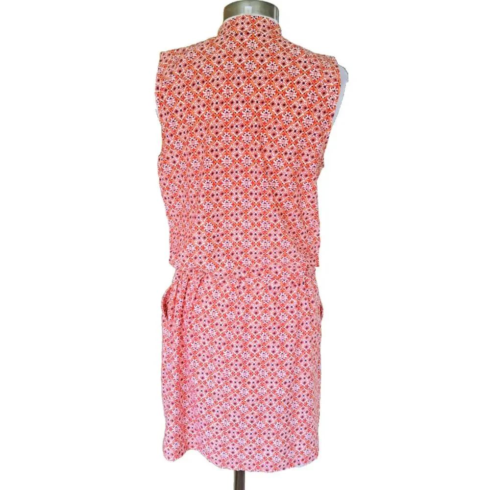 Helen Jon Sanibel Beach Mini Dress Size Large Coral Orange Navy V-neck Pockets - Picture 4 of 13